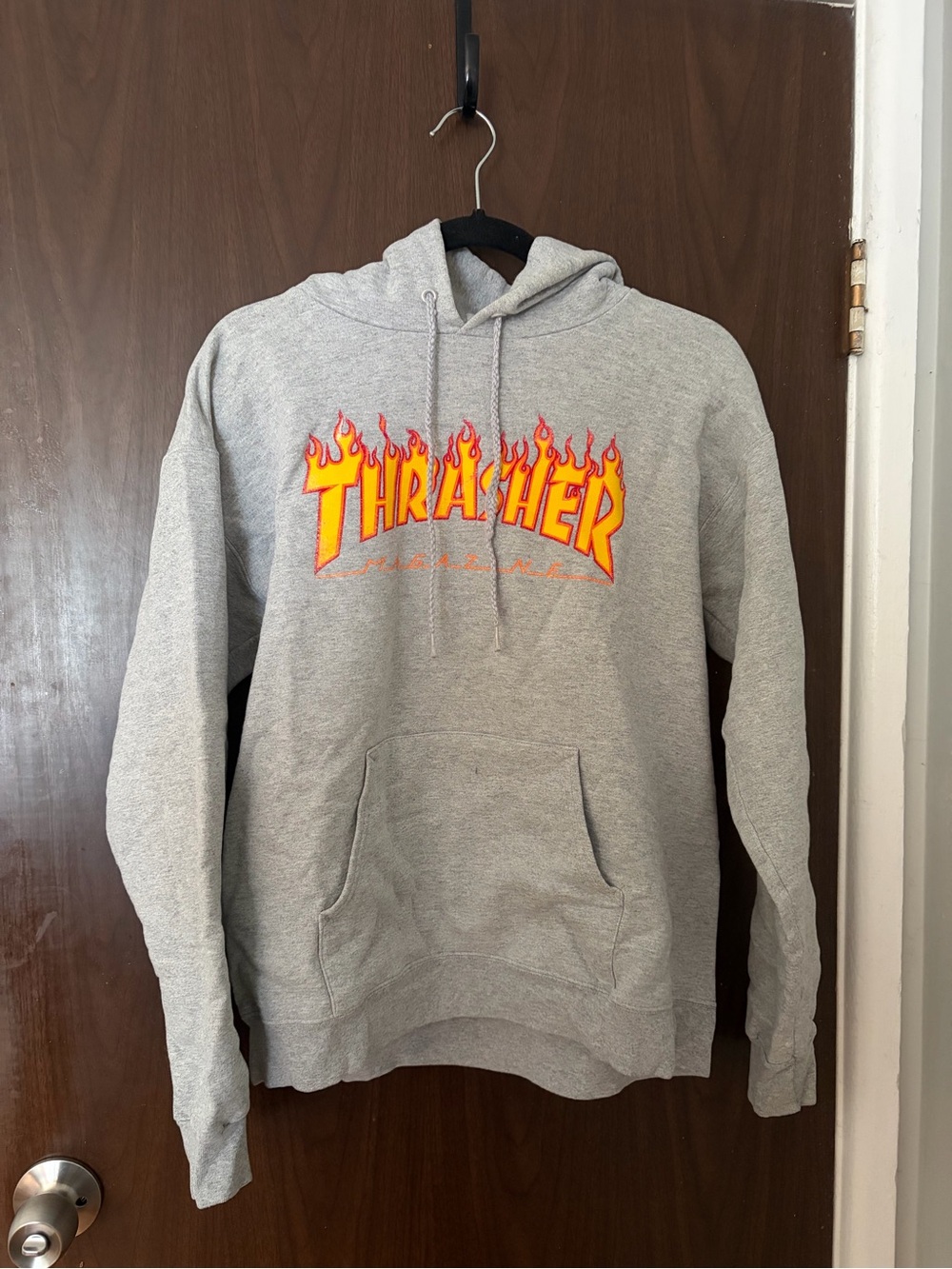 Thrasher Gray Hoodie with Yellow-Orange Flame Logo